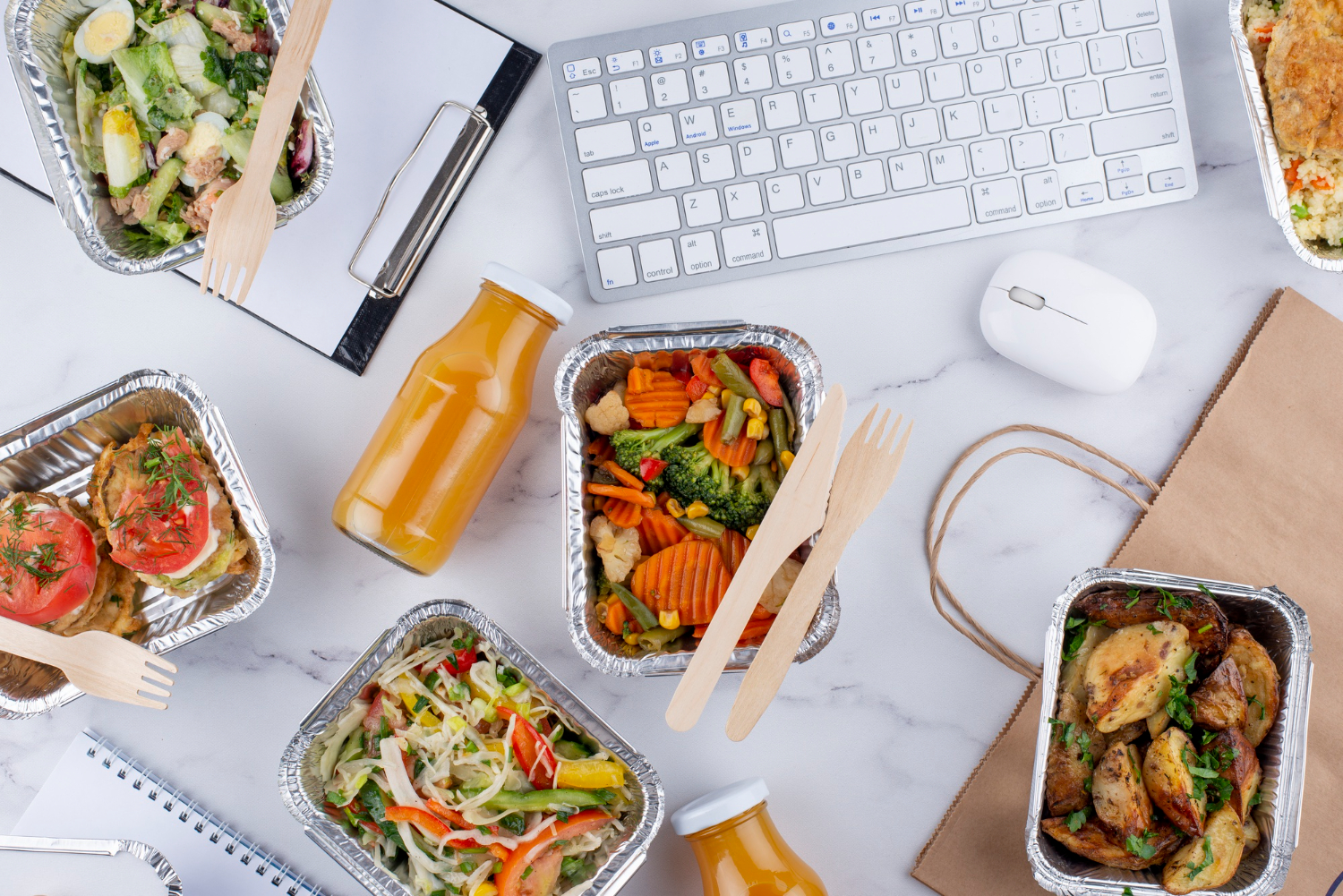 Top view of food meal prep together with keyboard